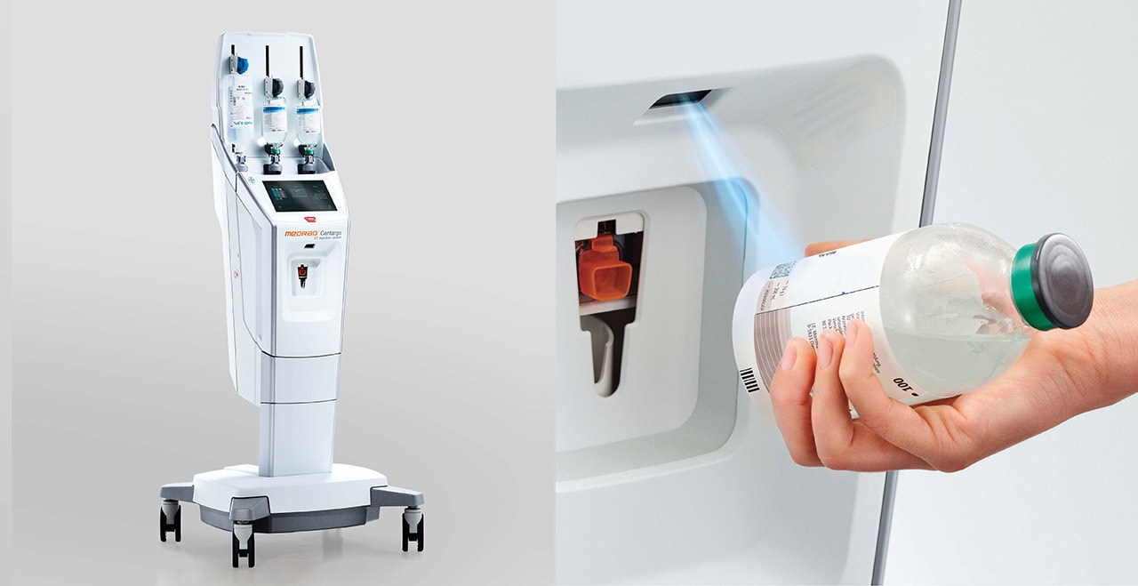 Example of a Radiology injector device with fully integrated barcode reader.