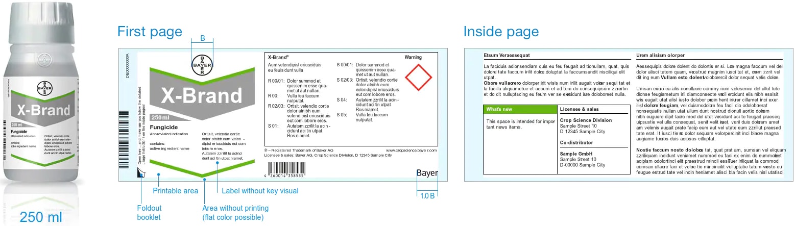 250 ml bottle, first page and inside page of a Bayer label