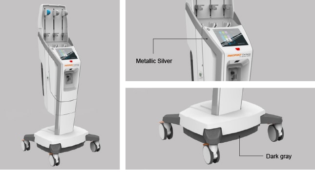 Dark Gray and Metallic Silver on a Premium range Radiology device designed for Bayer. The underside of the device in Dark Gray to minimize visual heaviness of the base.