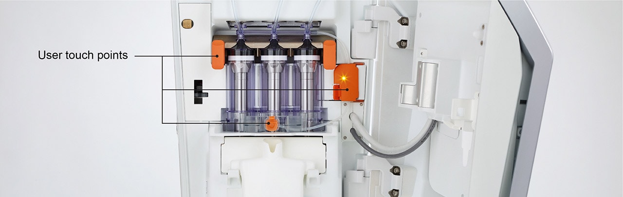 Orange interaction/ touch points on Bayer in Radiology devices.