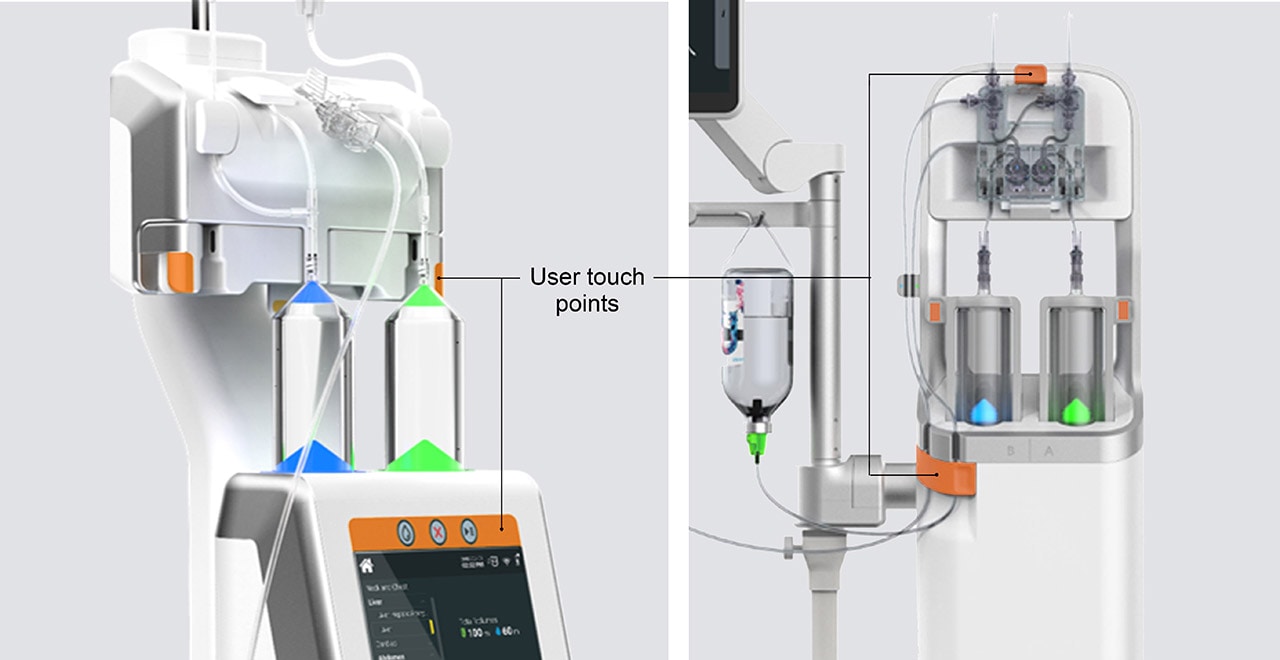 Orange interaction/ touch points on Bayer in Radiology devices.