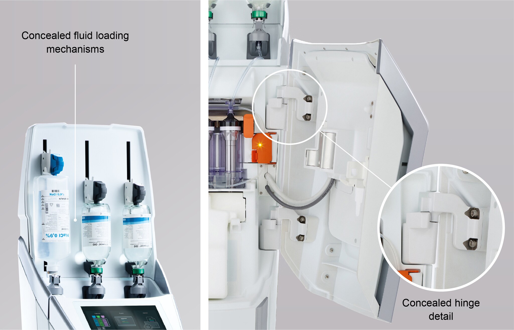 Complex mechanisms concealed from view: Fluid management mechanisms housed behind cover & concealed hinges on a Radiology device for Bayer.