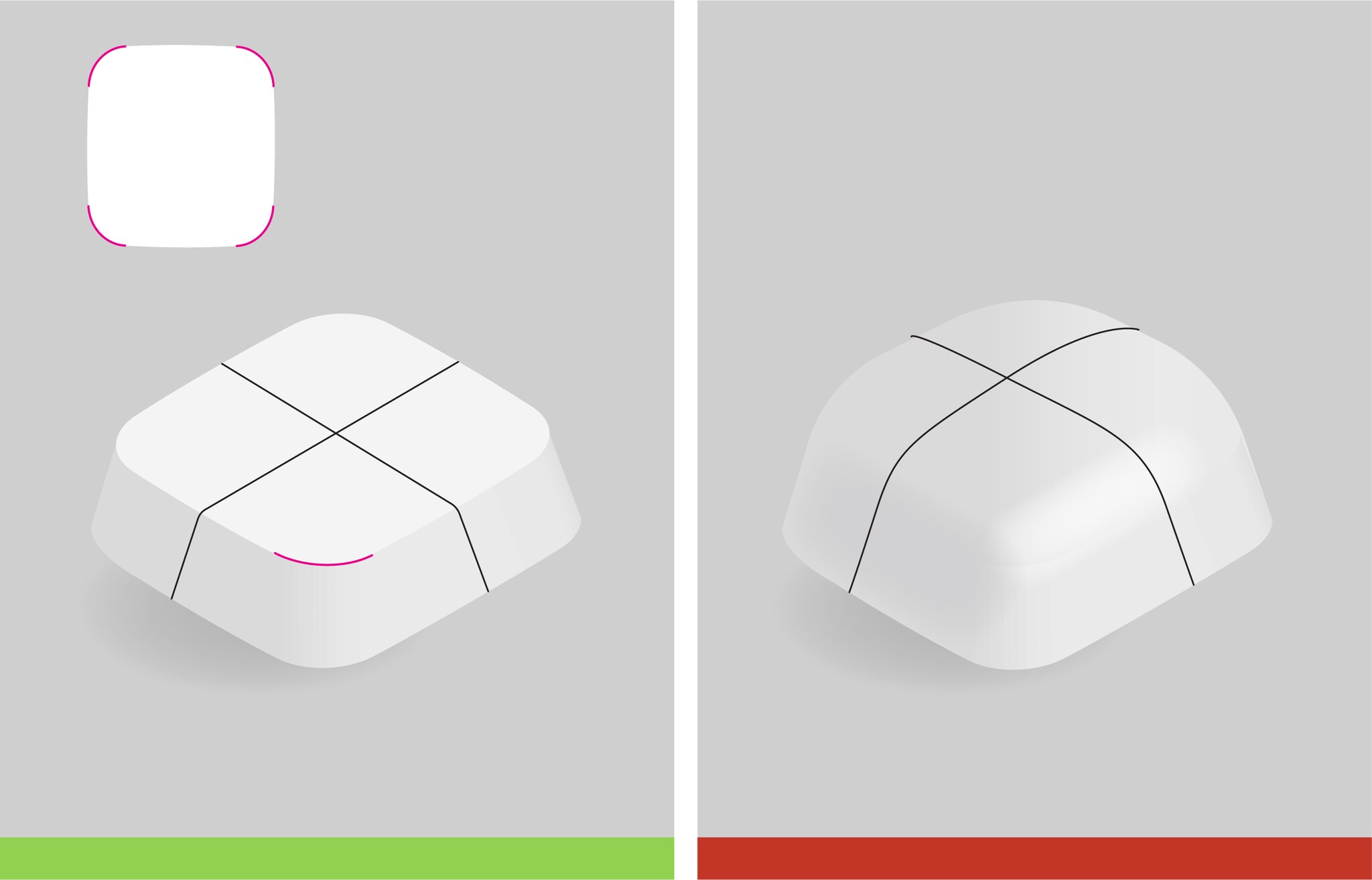 Example of use large round on corner on a volume (left) vs on edge (right).