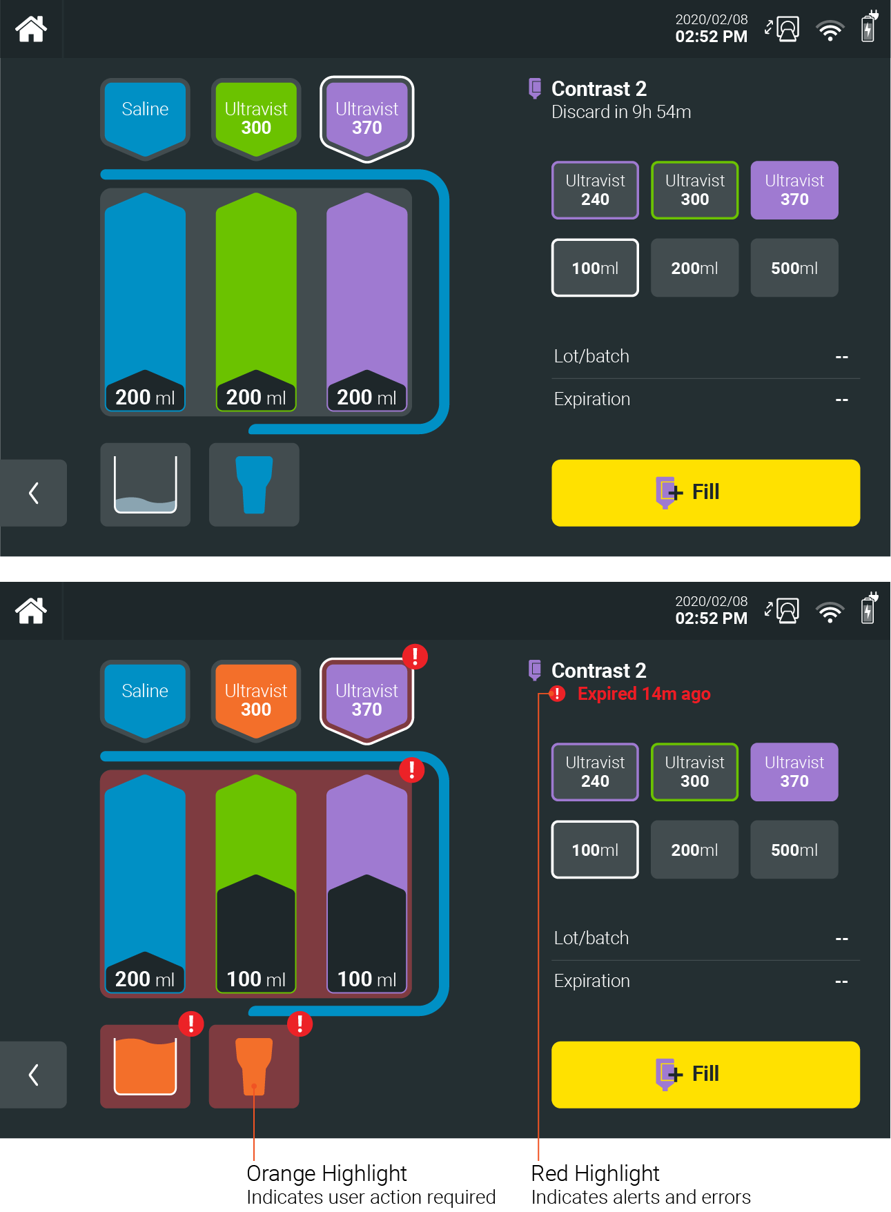 GUI screen with normal status (top) vs screen with important/ critical status.