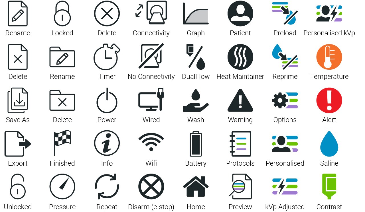 Further examples of an Icon Set currently used in a Radiology device GUI.