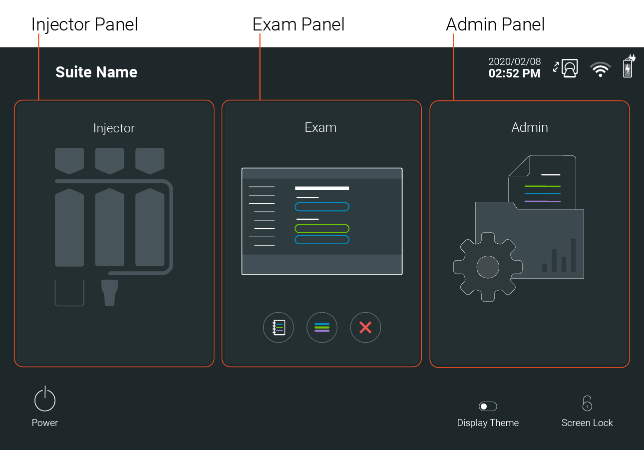 Primary workflow actions are used to divide the GUI into 3 task groups; Injector, Exam and Admin.