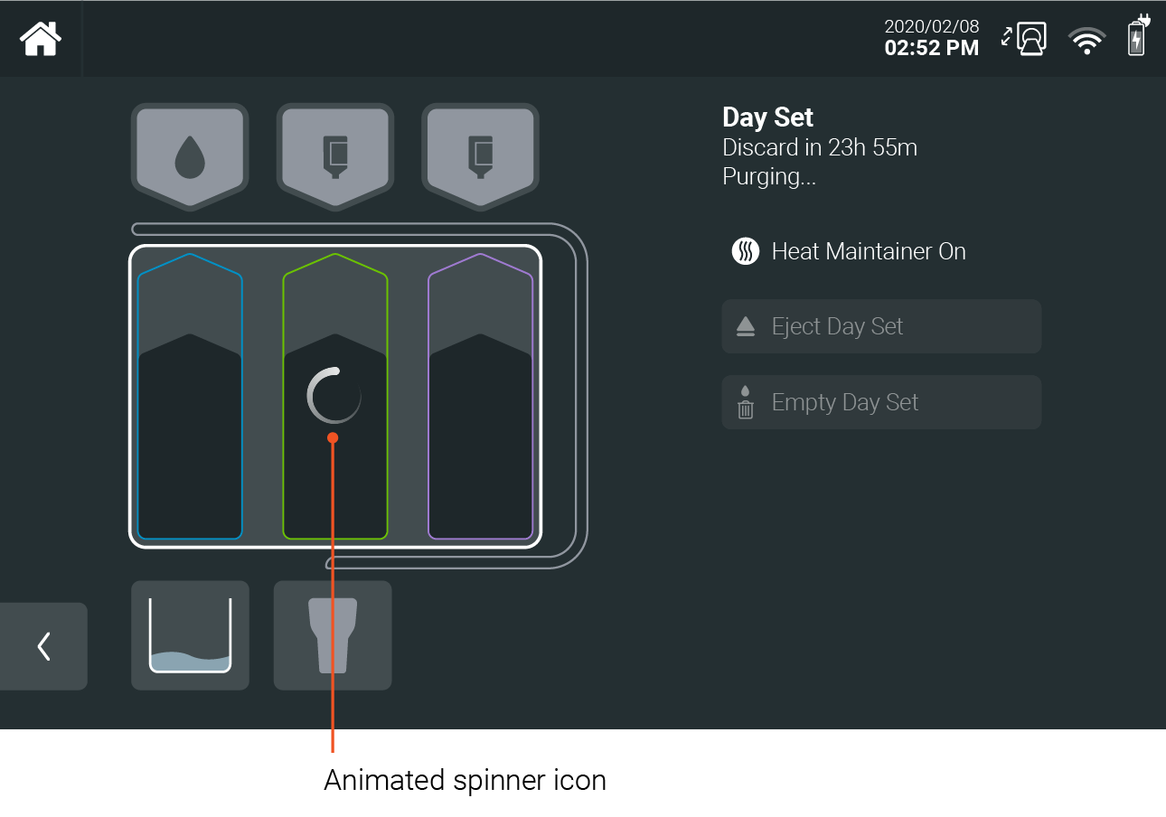 Progress spinner during an air purge action in a Radiology device GUI