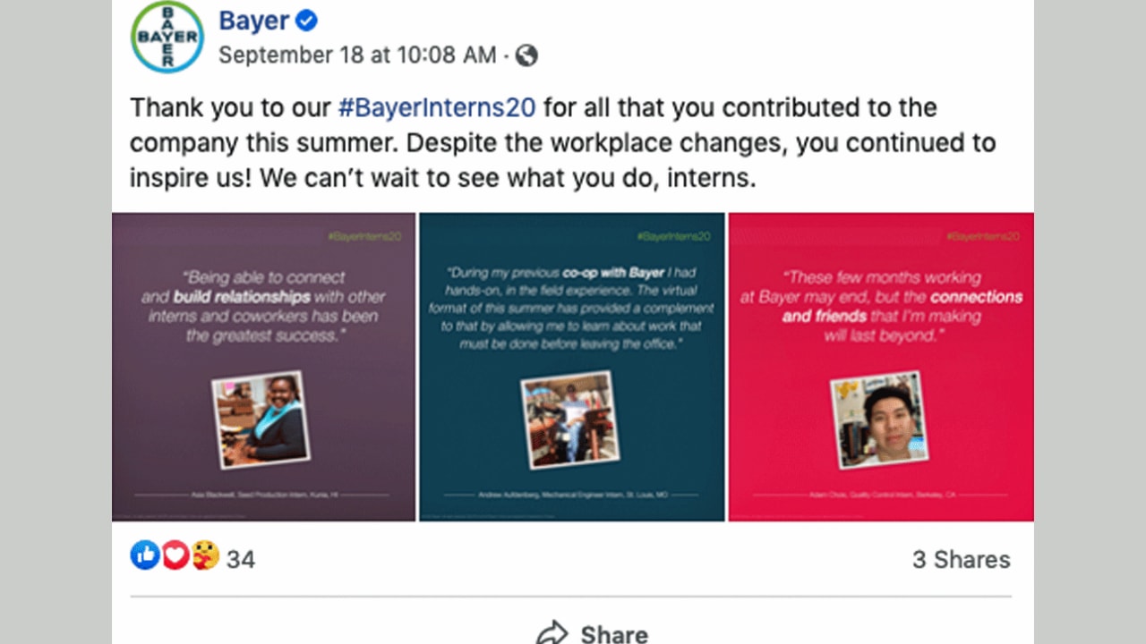 Social media post by Bayer thanking interns, featuring three testimonial images from interns about their experiences.