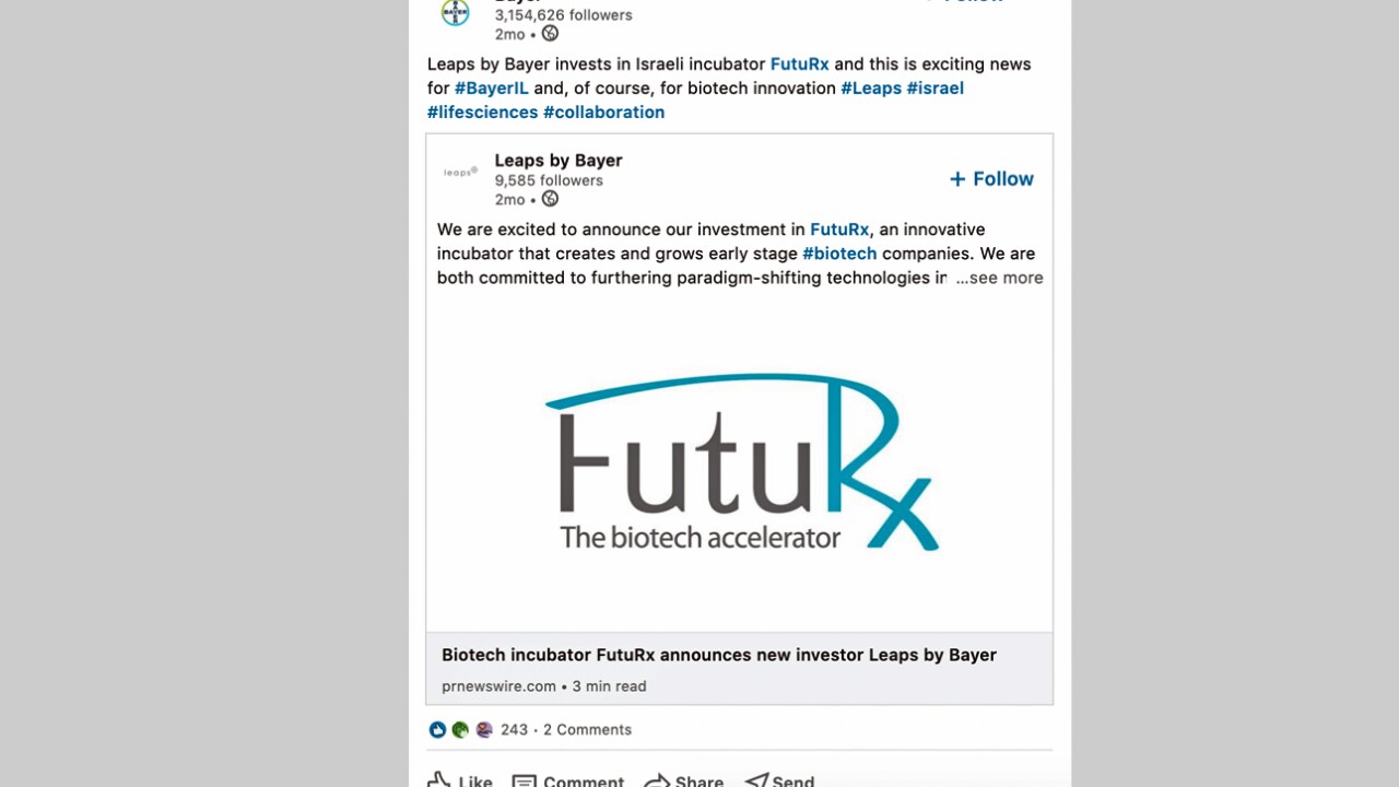 Screenshot of a LinkedIn post by Leaps by Bayer about investing in the Israeli incubator FutuRx, with the FutuRx logo.