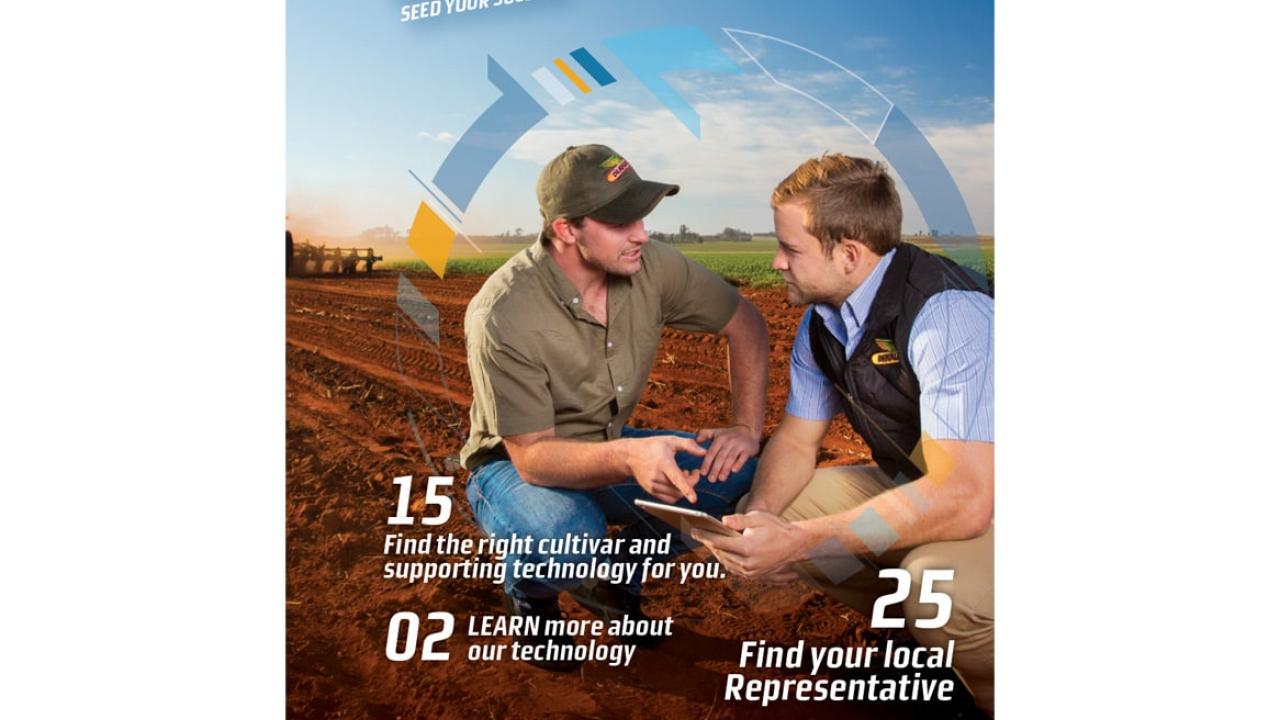Two men kneeling in a field discussing agricultural topics, with text promoting Dekalb Seed's 2019 product guide.