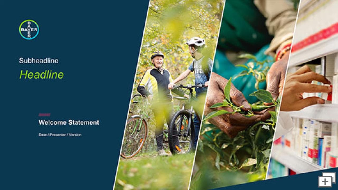 A collage with three images: two cyclists in nature, hands inspecting plants, and a medical professional handling medications. Text on the left side includes company logo, subheadline, headline, and placeholders.