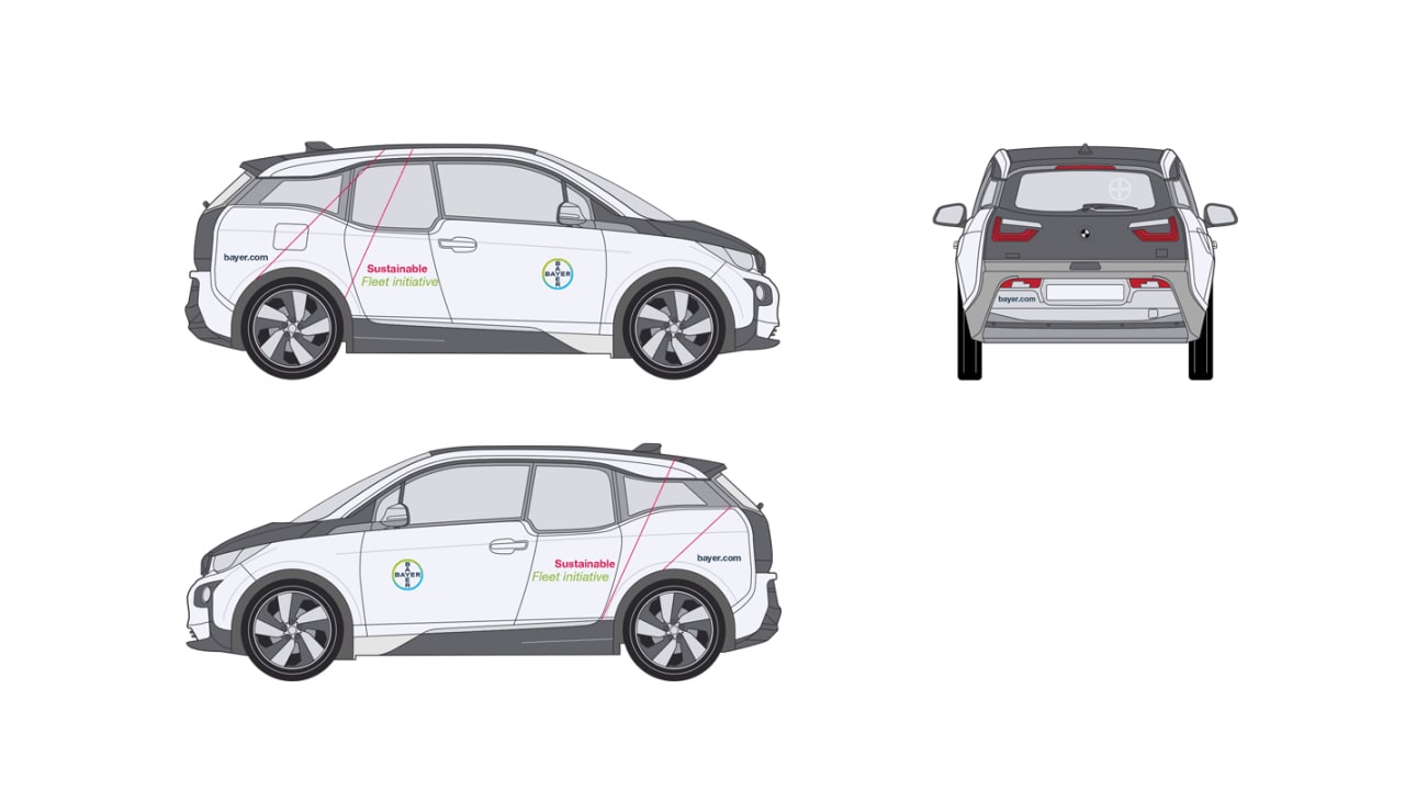 Illustration of a white electric car with "Sustainable Fleet Initiative" text and logos, shown from the side and rear views.