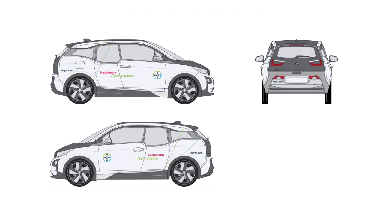 Illustration of a white electric car with green accents, shown from side and rear views, featuring sustainability branding and decals.