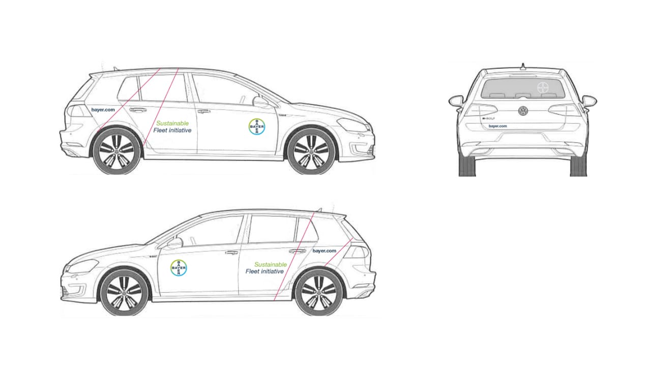 Diagram of a car with "Sustainable Fleet Initiative" text on the side. The top and side views display vehicle branding, including logos and design elements.