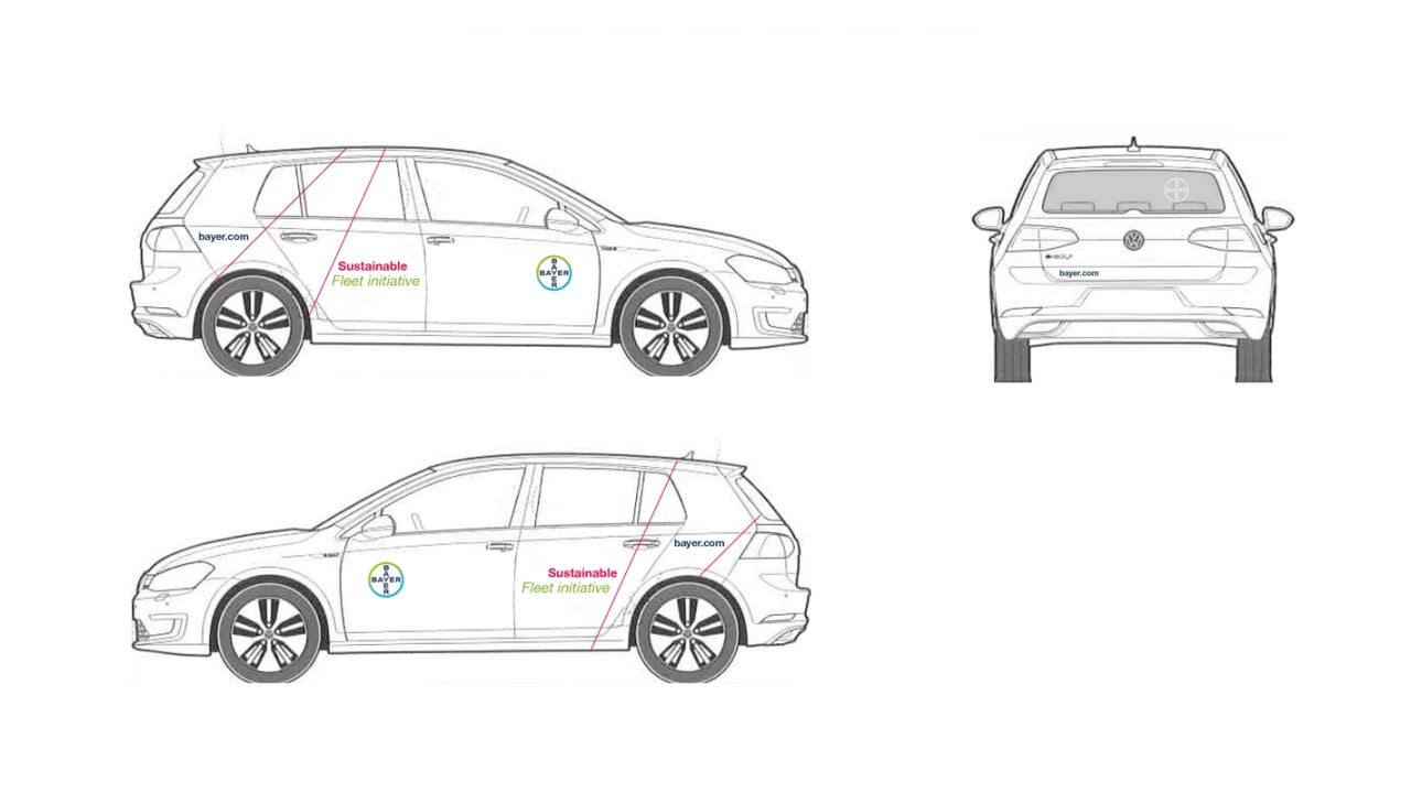 Diagram of a car with "Sustainable Fleet Initiative" text on the sides. The vehicle is shown from both side and rear views with a focus on branding details.