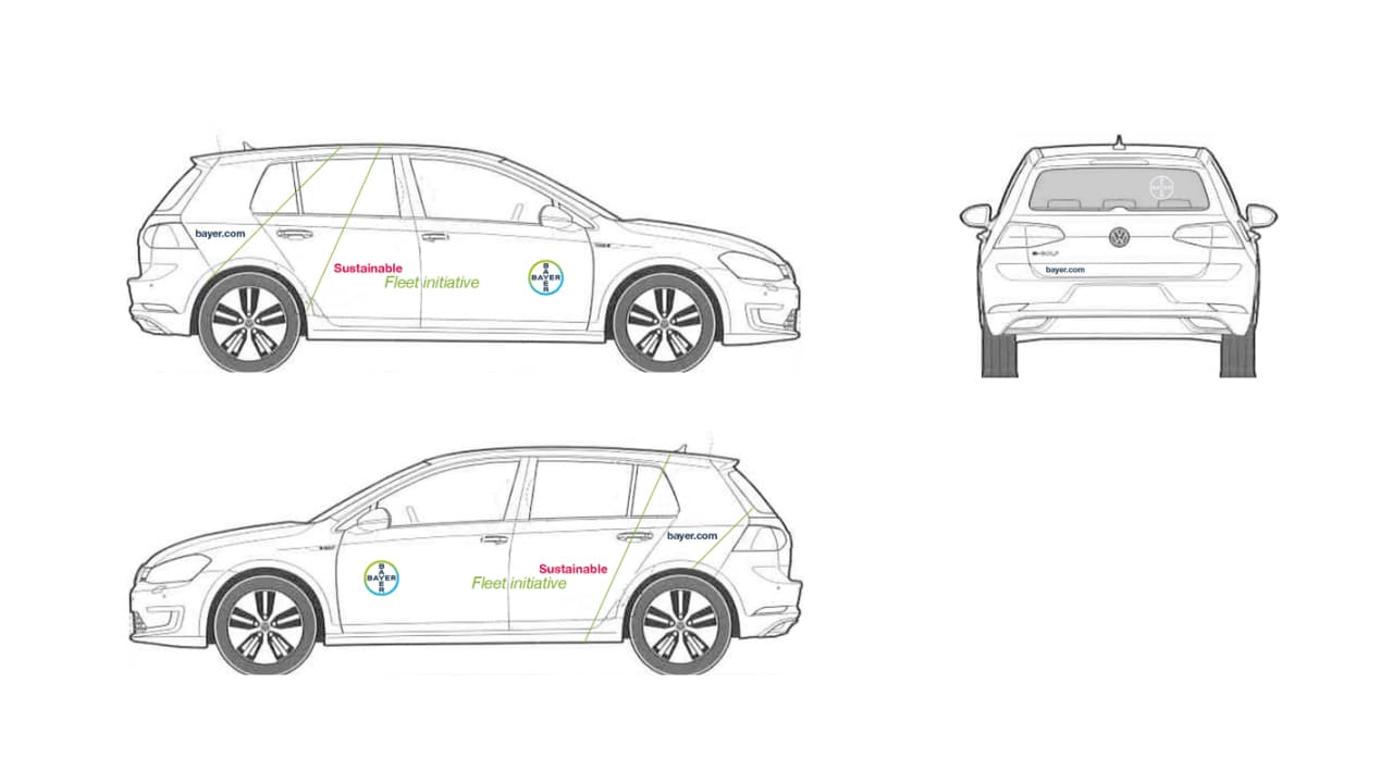 Diagram of a car with "Sustainable Fleet Initiative" text on the sides and rear. The blueprint shows side and back views of the vehicle.