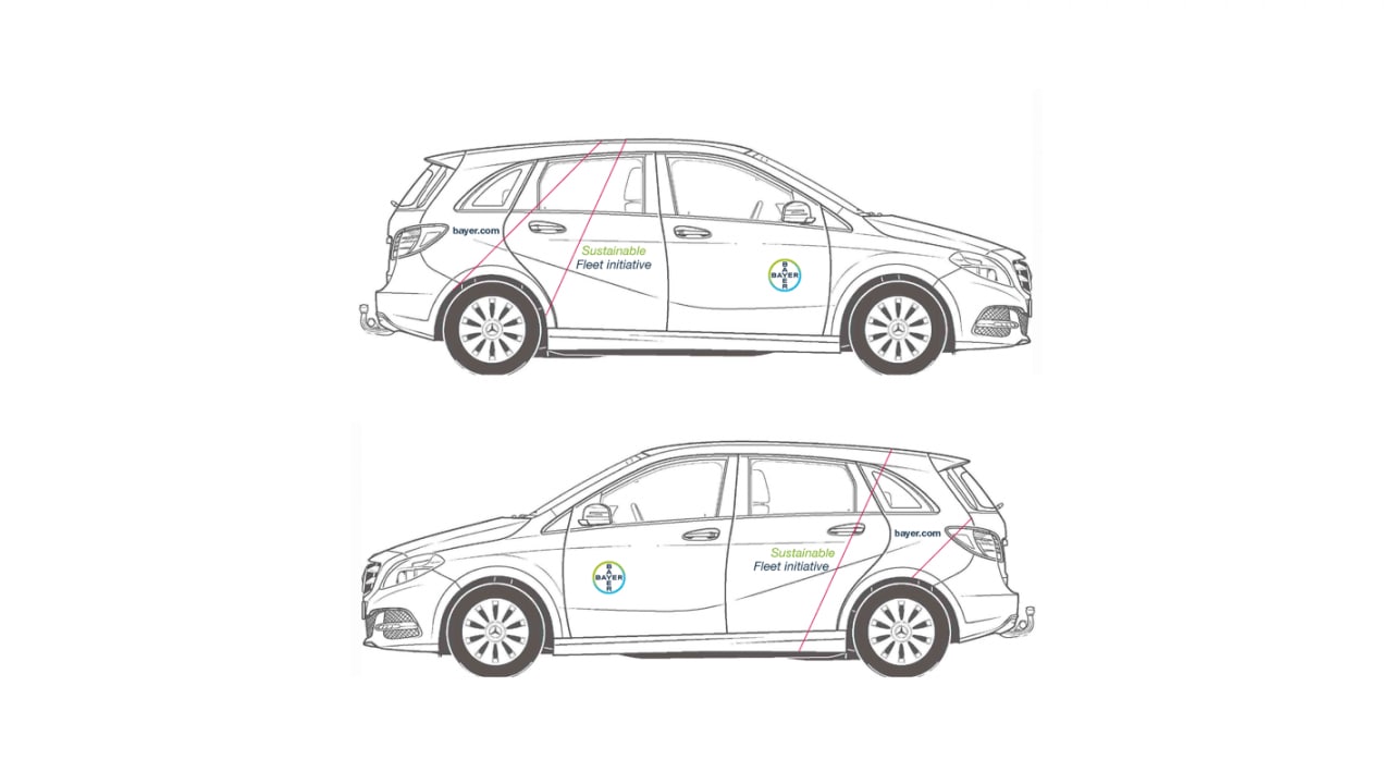 Two side-view line drawings of vehicles with "Sustainability Fleet Initiative" text and logos on the doors.