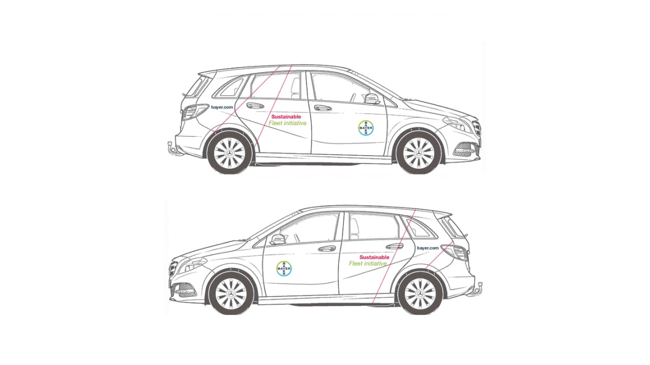 Outline drawing of a car with "Sustainable Fleet Initiative" and company logos on the side. The design features pink lines on a white background.