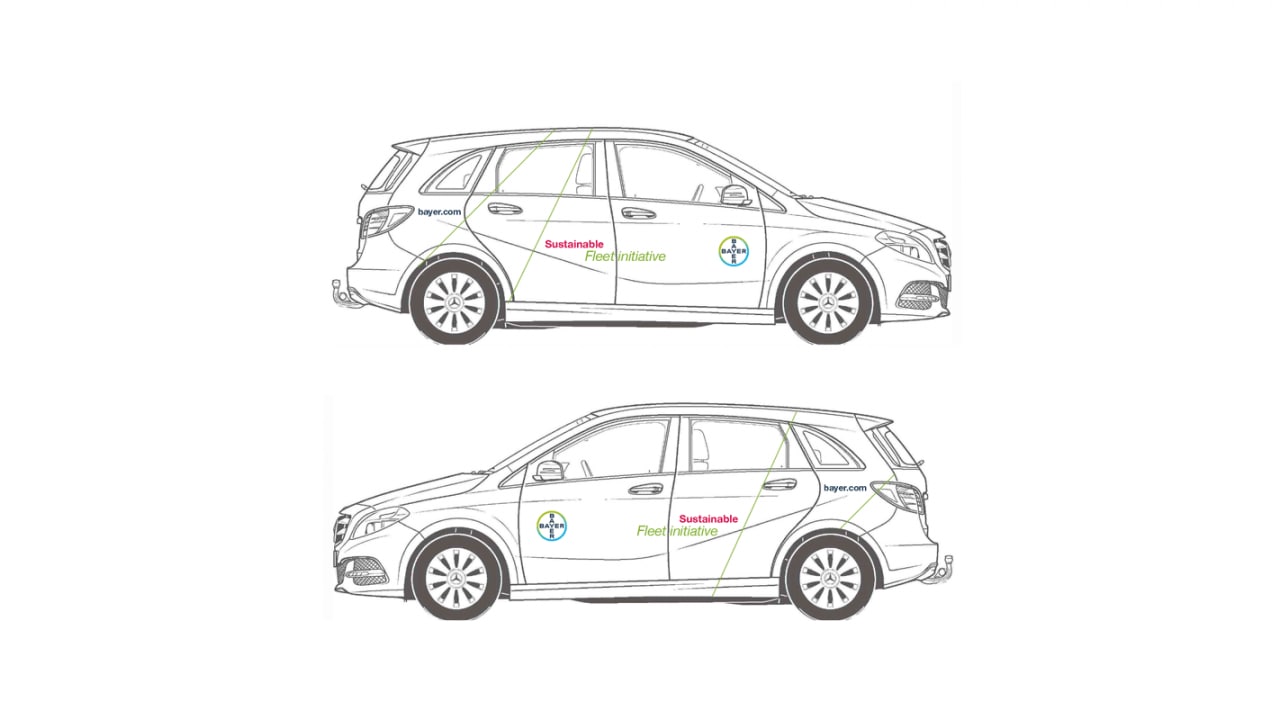 Outline drawing of a car with "Sustainable Fleet Initiative" and logos on the side.