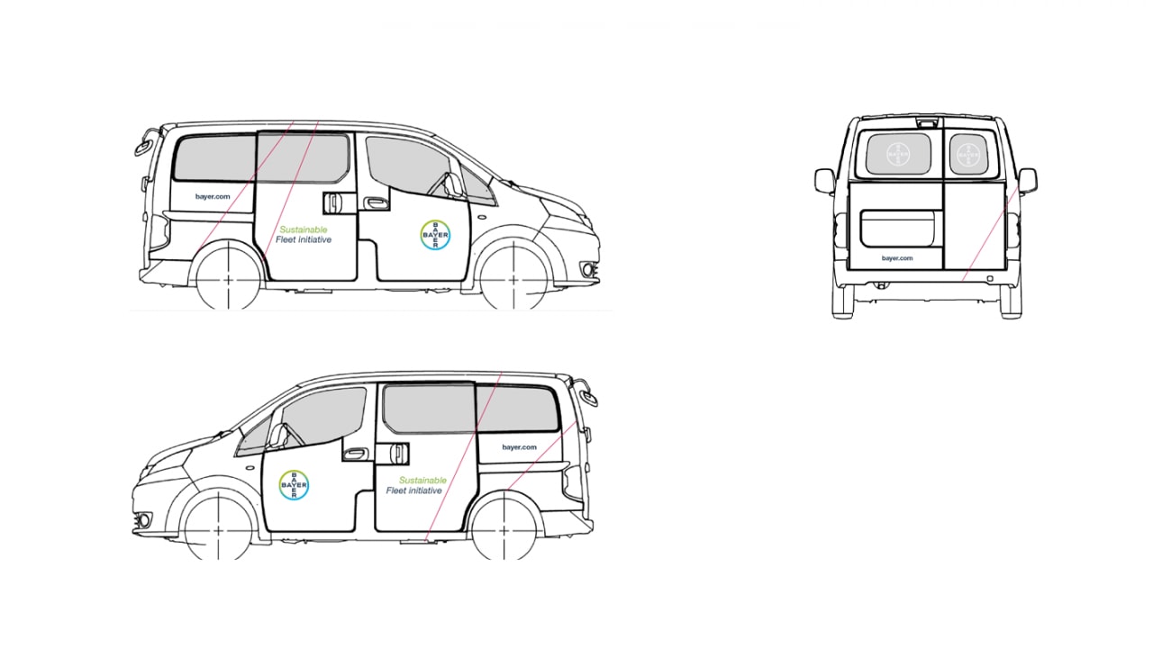 Diagram of a van showing side and rear views, labeled with "Sustainable Fleet Initiative" and "bayer.com" logos and text.