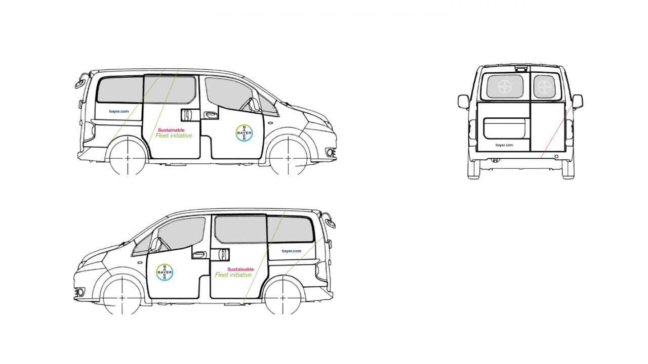 Side and rear views of a van labeled "Sustainable Fleet Initiative," with company logos on the side.