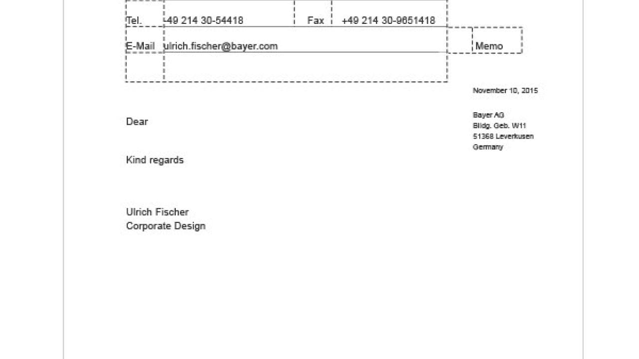 Letterhead template with contact details for Ulrich Fischer, Corporate Design, Bayer AG, including phone, fax, and email. Date: November 10, 2015.