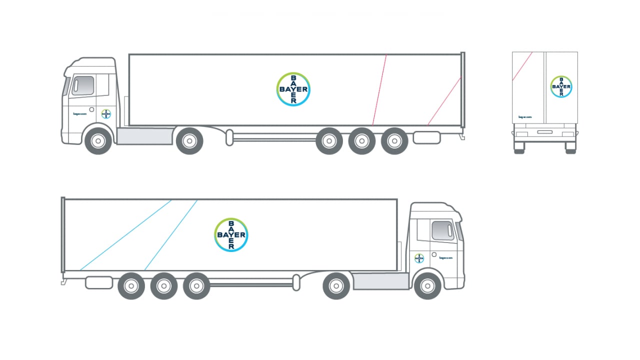 Illustration of a semi-truck with Bayer logos on the side and back against a white background.