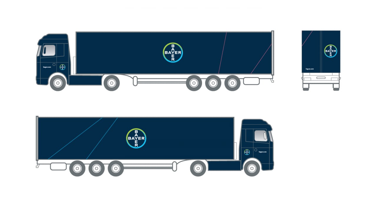 Illustration of three views (side, rear, and top) of a blue truck with the Bayer logo prominently displayed on each side.
