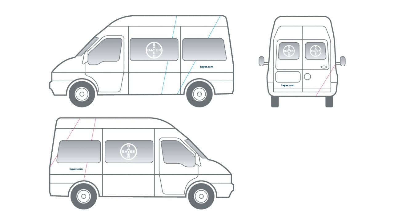 Illustration of a white van with logos, shown from side and rear views. The design includes curved lines in blue and red.