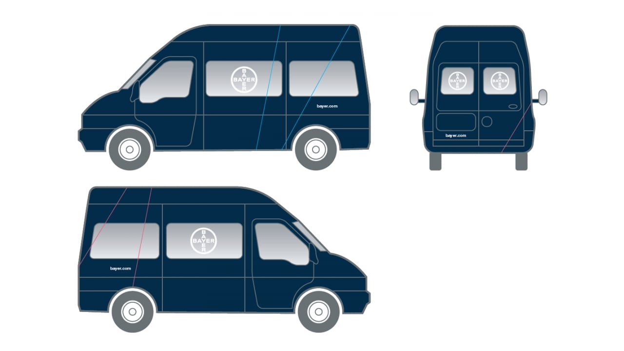 Illustration of a dark blue van with side and rear views, displaying a logo reading "Bayer" and a website URL "bayer.com" on its sides and back.