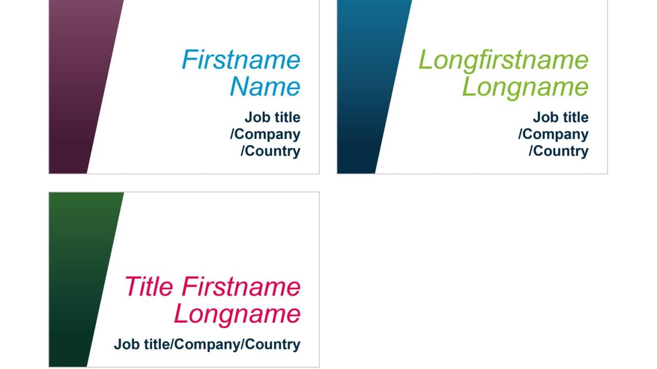 Three name cards with varying text lengths in different colors: blue, green, and red, showing "Firstname Name," "Longfirstname Longname," and "Title Firstname Longname" with job details.