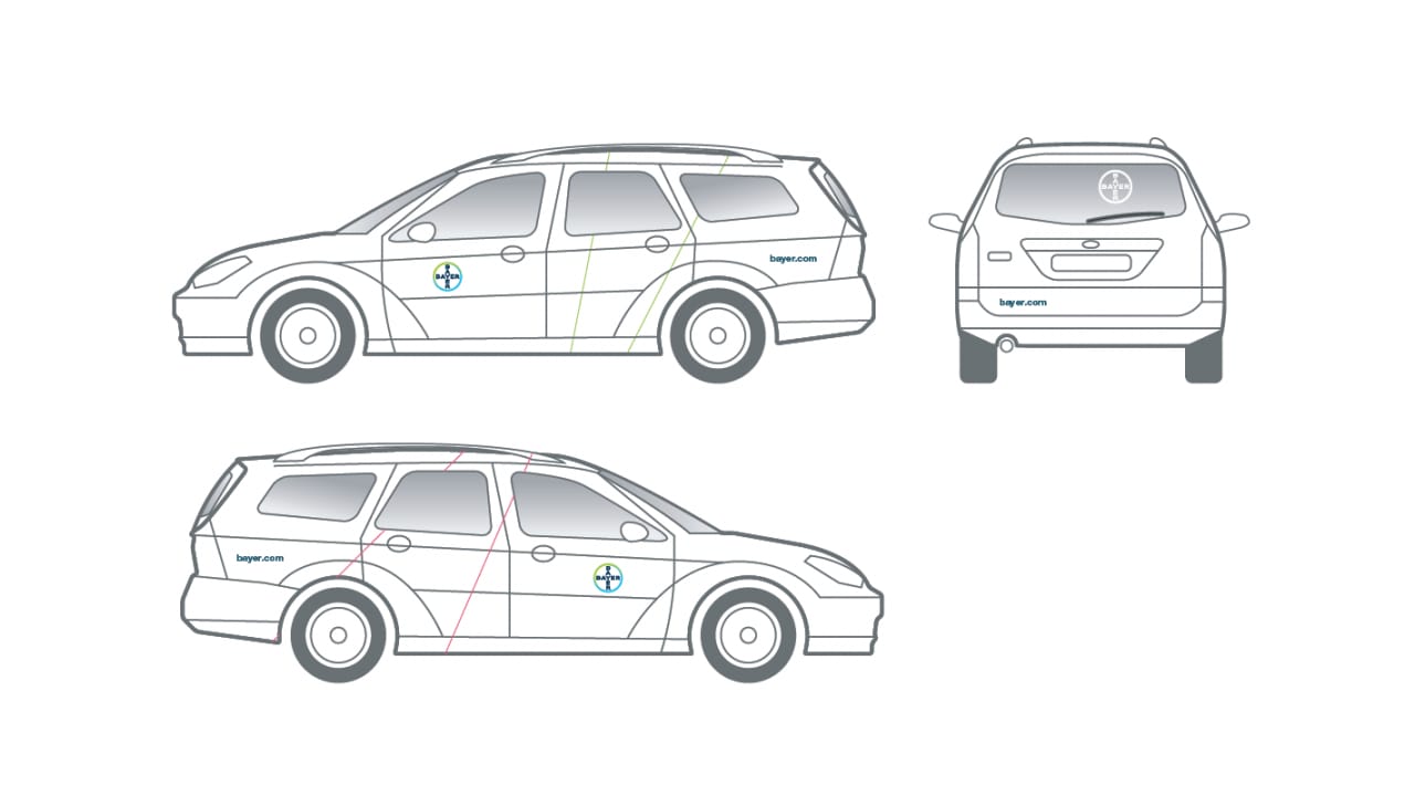 Diagram showing side and rear views of a station wagon with branded graphics and logos on the doors and rear.