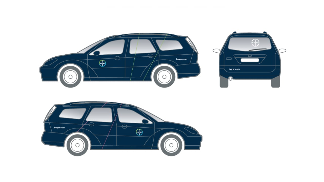 Illustration of a dark blue station wagon in side and rear views, featuring a logo and website URL on the sides and back.