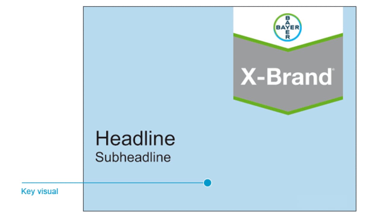 Promotional layout featuring the Bayer logo, "X-Brand" shield, and placeholders for a headline, subheadline, and key visual on a blue background.