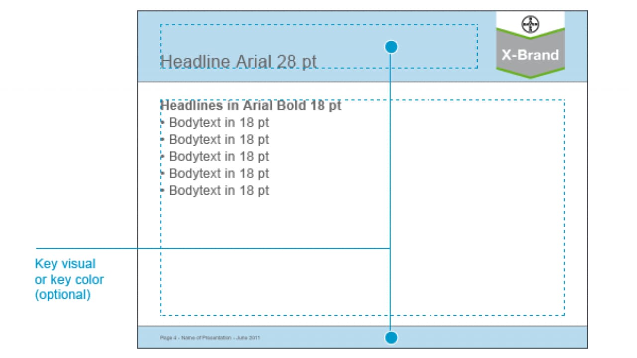 Template design with headline in Arial 28 pt, body text in Arial Bold 18 pt, and an optional key visual or color. Includes a logo placeholder labeled "X-Brand.