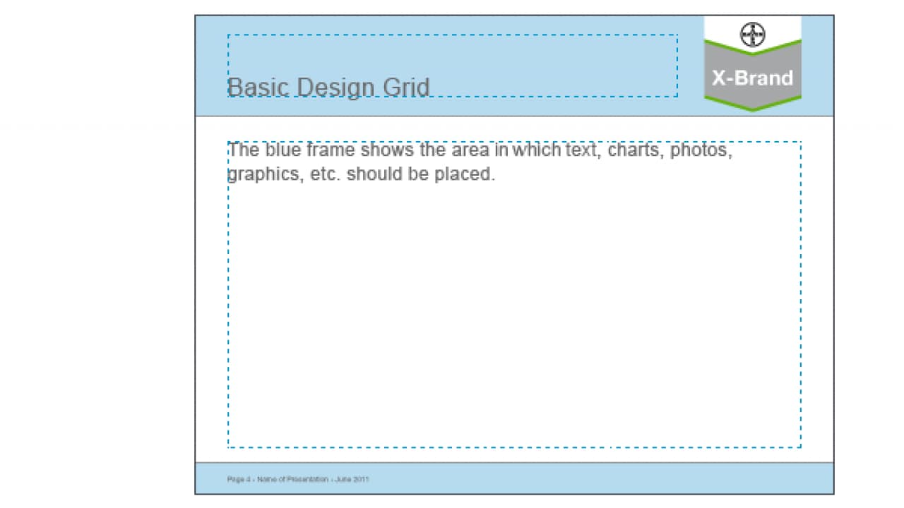 A slide template titled "Basic Design Grid" with a blue dashed frame indicates where to place text, charts, photos, and graphics. It has an "X-Brand" logo in the corner.