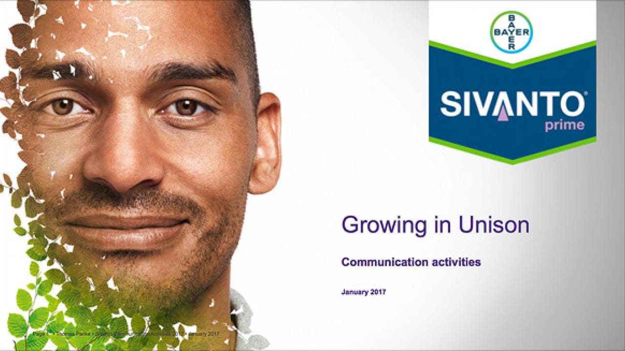A man’s face transitioning into leaves beside a "Sivanto Prime" logo. Text reads: "Growing in Unison, Communication activities, January 2017.