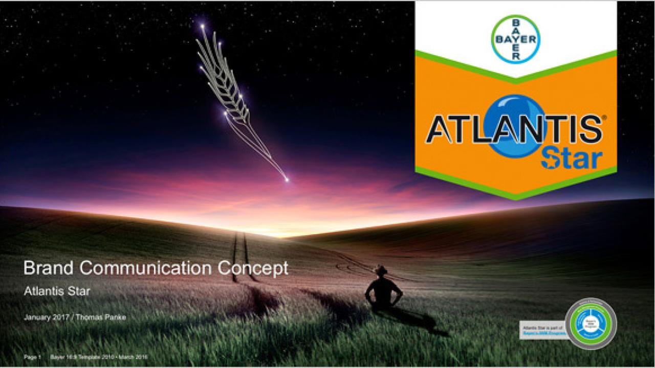 Presentation cover for "Brand Communication Concept: Atlantis Star" by Bayer, featuring a nighttime agricultural scene with a shooting star.