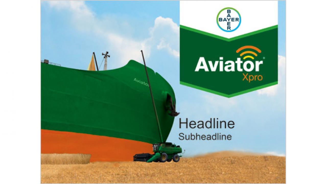 A large green agricultural machine in a field with the Aviator Xpro logo and text "Headline Subheadline" on a blue sky background.