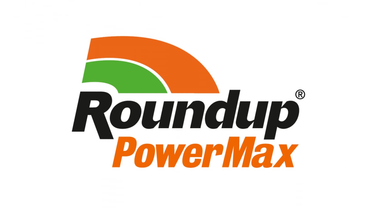 Logo of Roundup PowerMax with stylized green, orange, and black design elements.