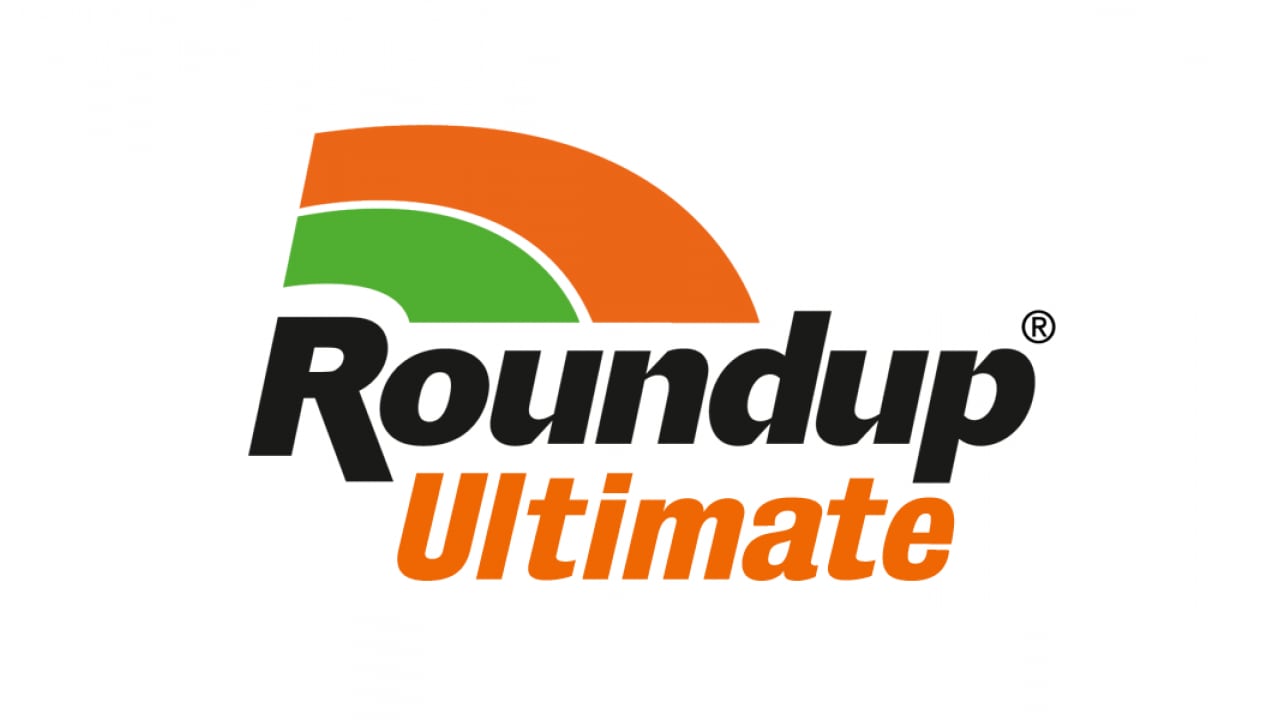 Logo of Roundup Ultimate featuring bold text with a curved orange and green graphic element above the word "Roundup," and "Ultimate" in orange below.