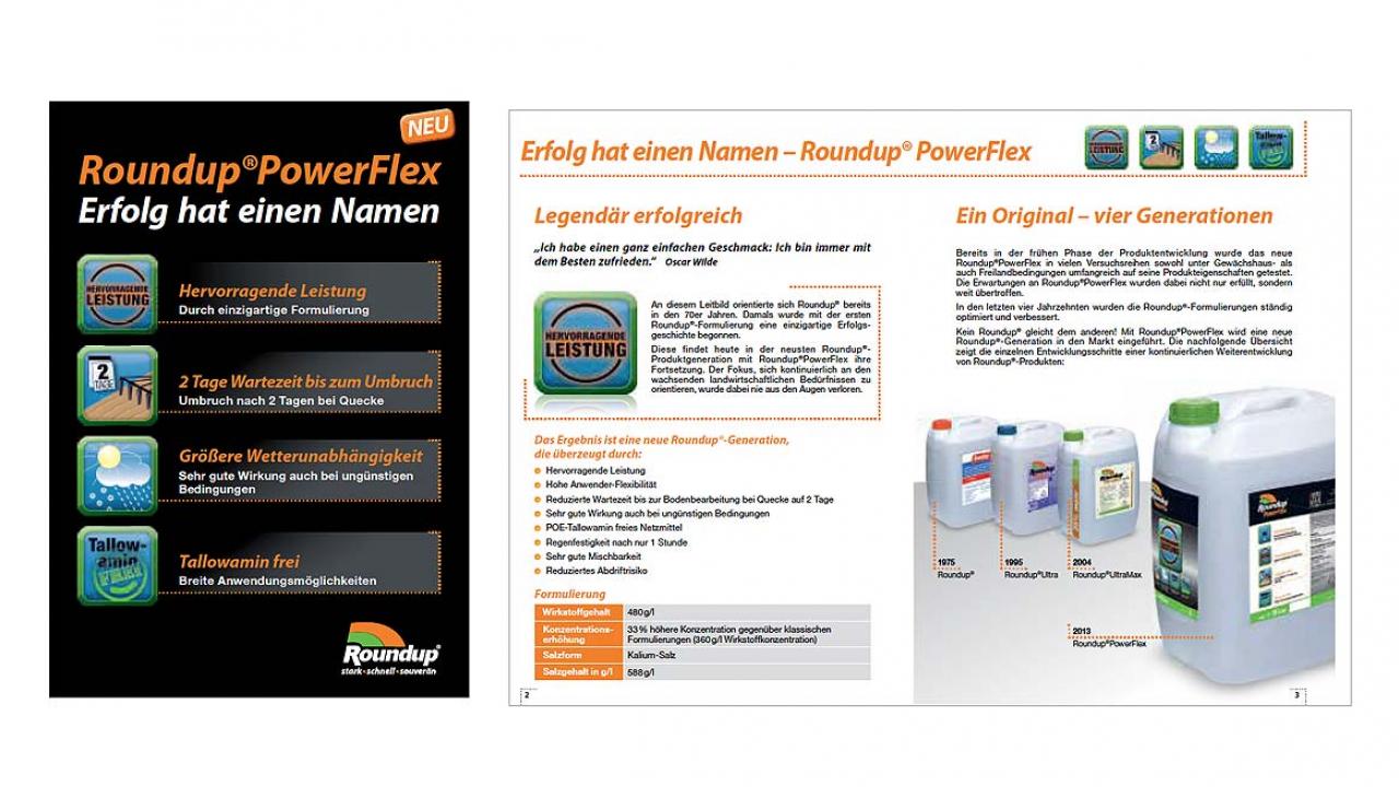 Advertisement for Roundup PowerFlex featuring product benefits, such as high performance and weather resistance, alongside images of various product containers. Text in German.