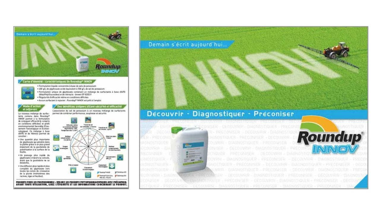 Advertisement for Roundup Innov, featuring a product image and a tractor on grass. The text reads "Demain s'écrit aujourd'hui. Découvrir - Diagnostiquer - Préconiser.