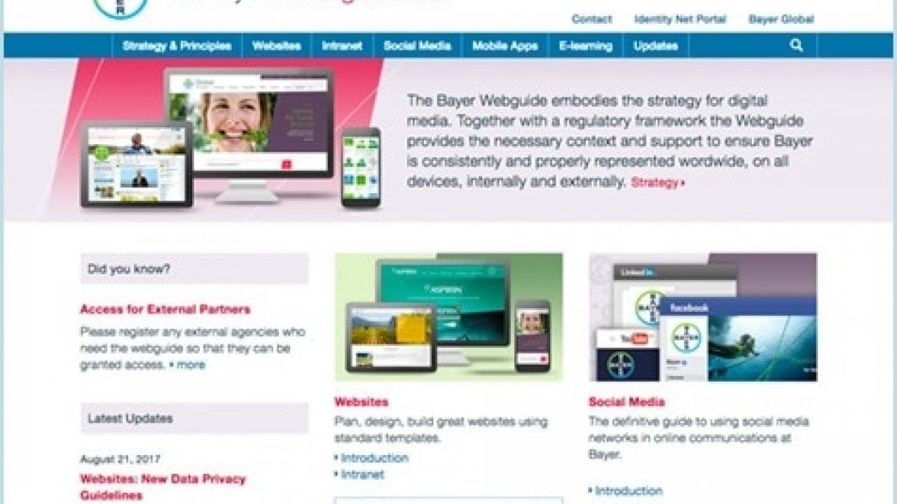 Screenshot of the Bayer Identity Net Digital Guide webpage, featuring navigation links for strategy, websites, intranet, and social media, with a header and images of digital platforms.