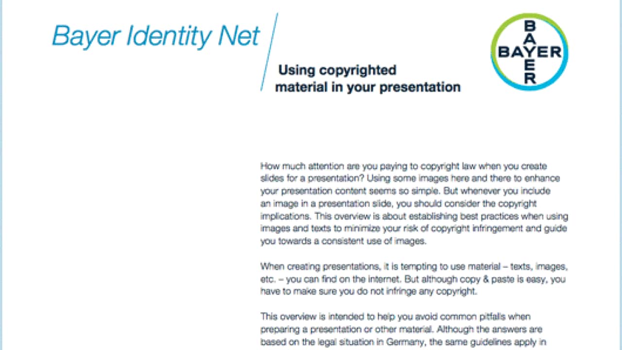 Screenshot of a document titled "Bayer Identity Net: Using copyrighted material in your presentation," advising on copyright considerations and best practices for presentations.