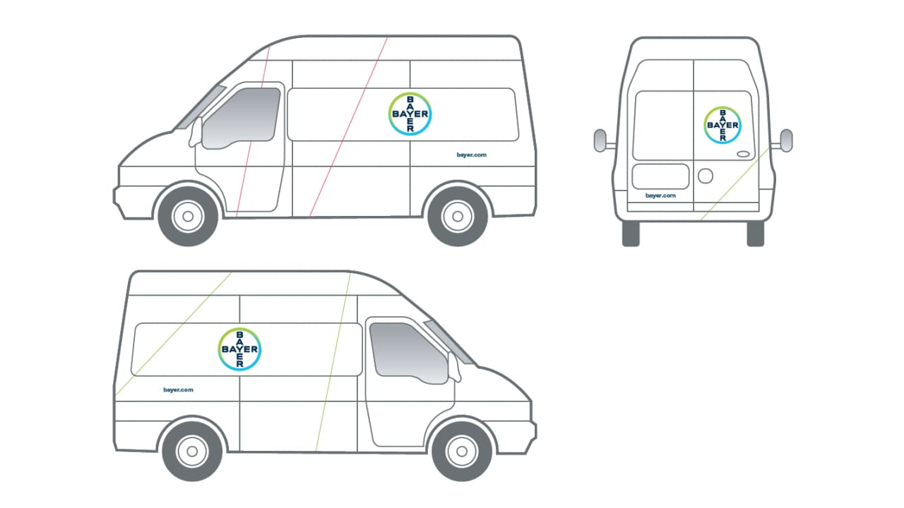 Illustration showing three views of a van featuring the Bayer logo: side, rear, and top.