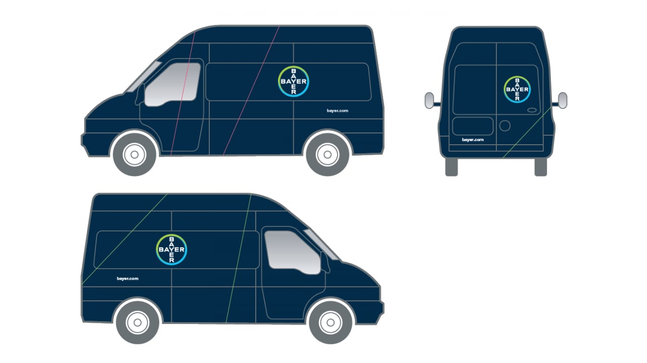 Illustration of a dark blue van from side and rear views, featuring the Bayer logo and website URL on the sides and back.