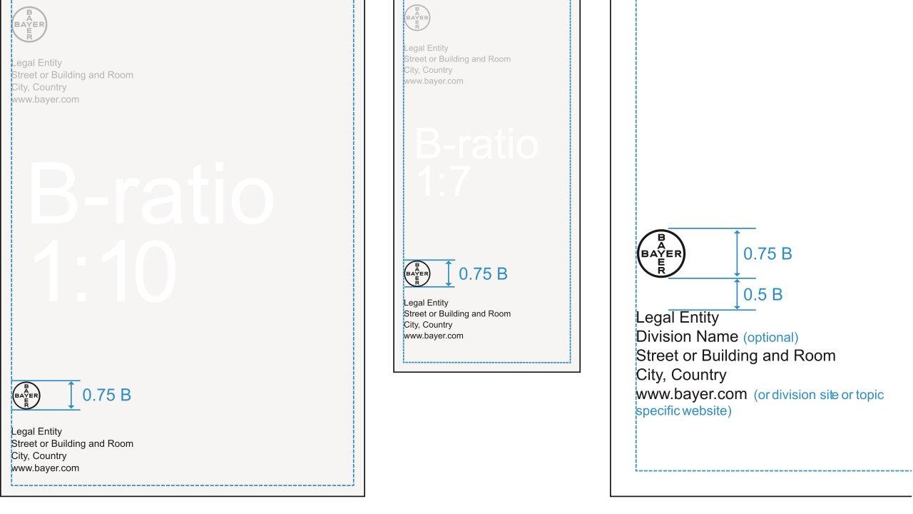 Blueprint-style design layout showing proportions and alignment guidelines for a branded document, featuring text area, header, and logo placement with specific measurements.