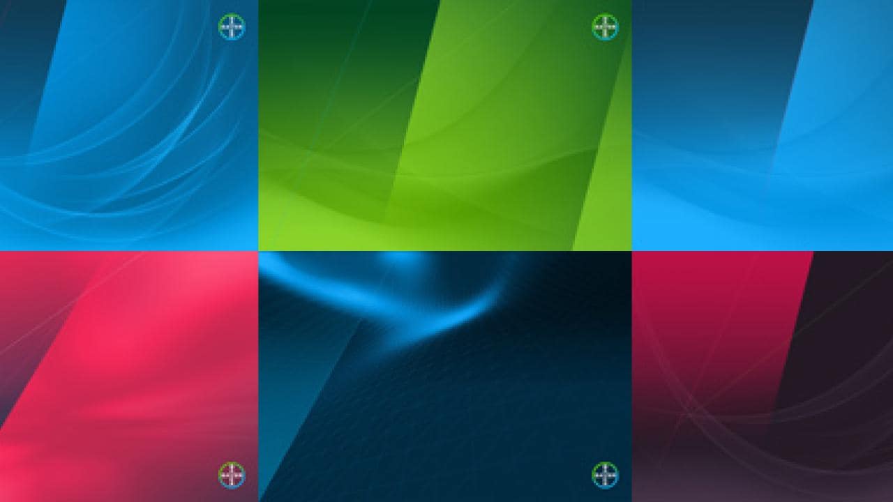 A grid of six abstract backgrounds in blue, green, and red tones, each with a circular logo in the corner.
