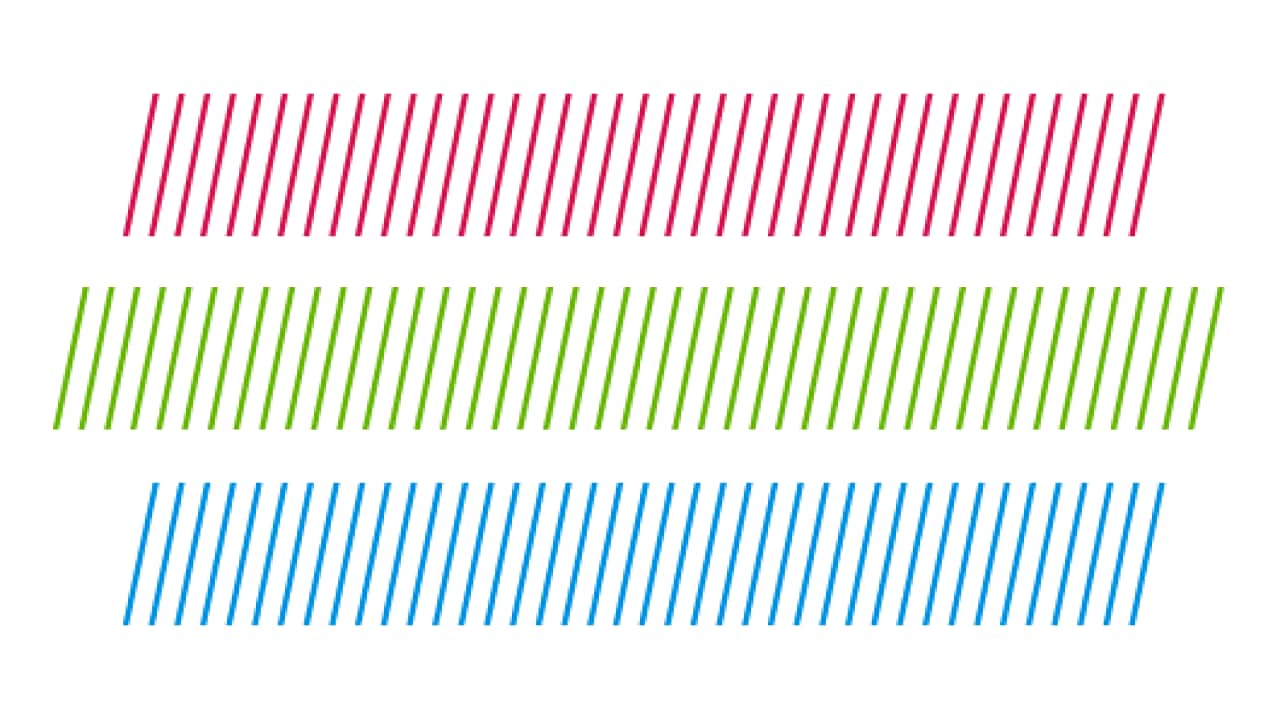 Three sets of parallel lines: red at the top, green in the middle, and blue at the bottom. Each set is slightly rotated.